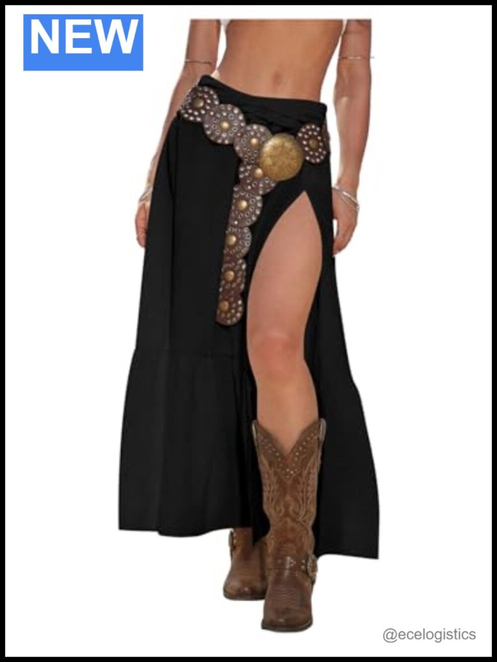 Women's High Slit Maxi Skirt Ruffle Hem Low Rise Cowgirl Style Flowy